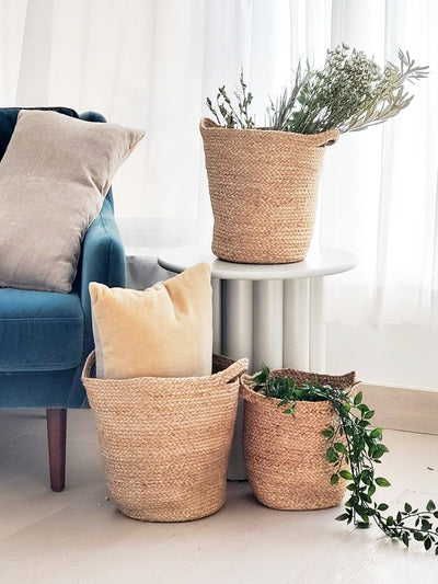 A multifunctional basket set! These handwoven baskets are perfect planters or storage for blankets, magazines, and everything more.